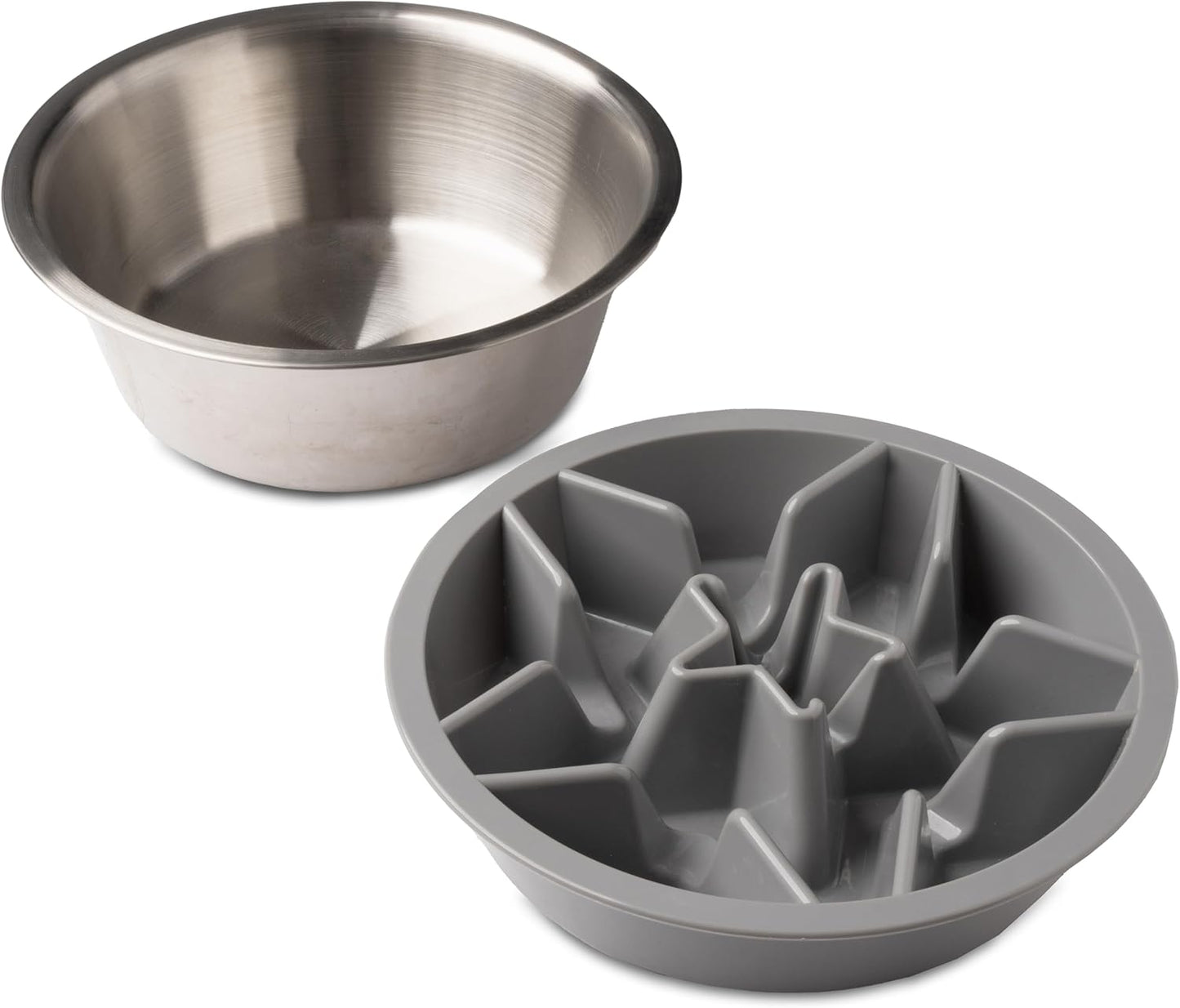 Slow Feeder Dog Bowls - Nonslip Slow Feeder Insert, Healthy Eating Dog Food Bowl, Includes Puppy Essentials Placemat & Star Mold, 2 Cup, Gray